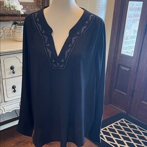 Banana Republic Chic Navy V-Neck Blouse with Embroidery, Semi Sheer